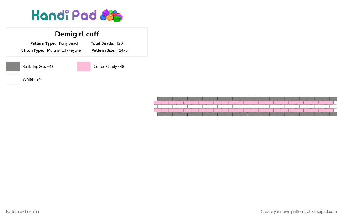 Demigirl cuff - Pony Bead Pattern by hoshimi on Kandi Pad - gray, pink