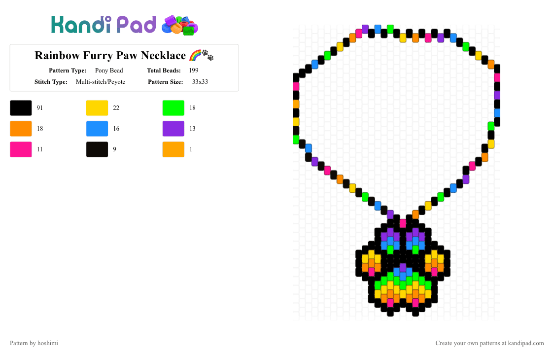 Rainbow Furry Paw Necklace 🌈🐾 - Pony Bead Pattern by hoshimi on Kandi Pad - black, colorful, cute, furry, green, necklace, paw, rainbow, therian, yellow