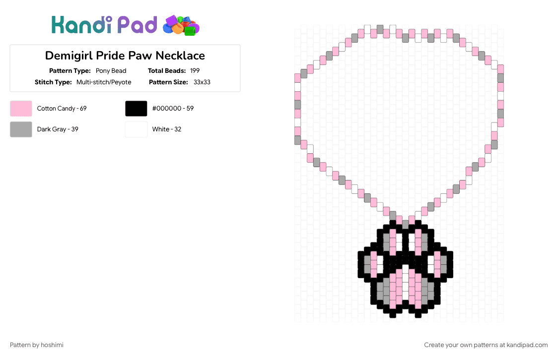 Demigirl Pride Paw Necklace - Pony Bead Pattern by hoshimi on Kandi Pad - beige, demigirl, furry, gay, lgbtq, necklace, pink, pride