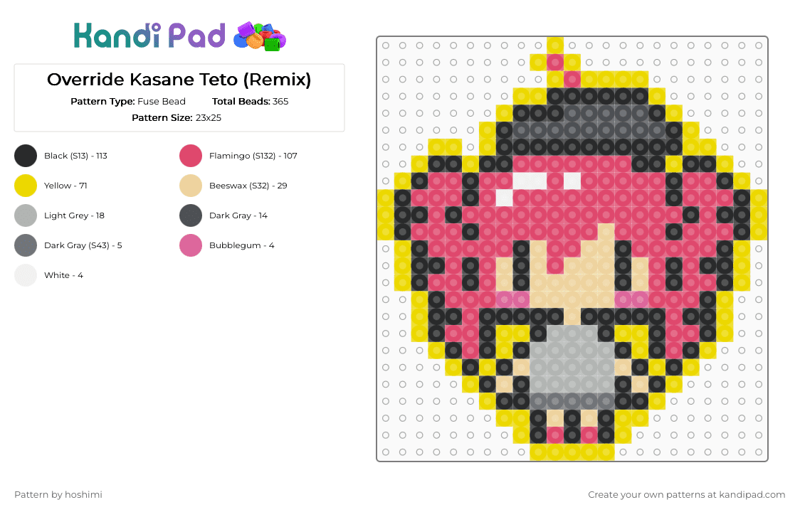 Override Kasane Teto (Remix) - Fuse Bead Pattern by hoshimi on Kandi Pad - yellow,red,beige,override teto,override,vocaloid,teto,kasaneteto,kasane teto,utau,miku