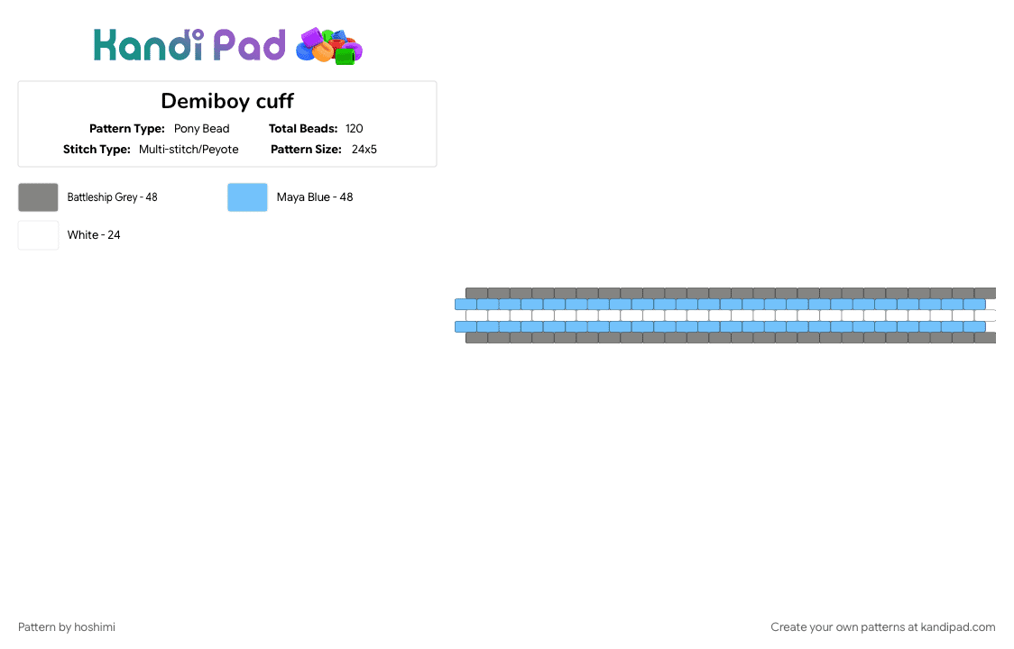 Demiboy cuff - Pony Bead Pattern by hoshimi on Kandi Pad - gray, light blue