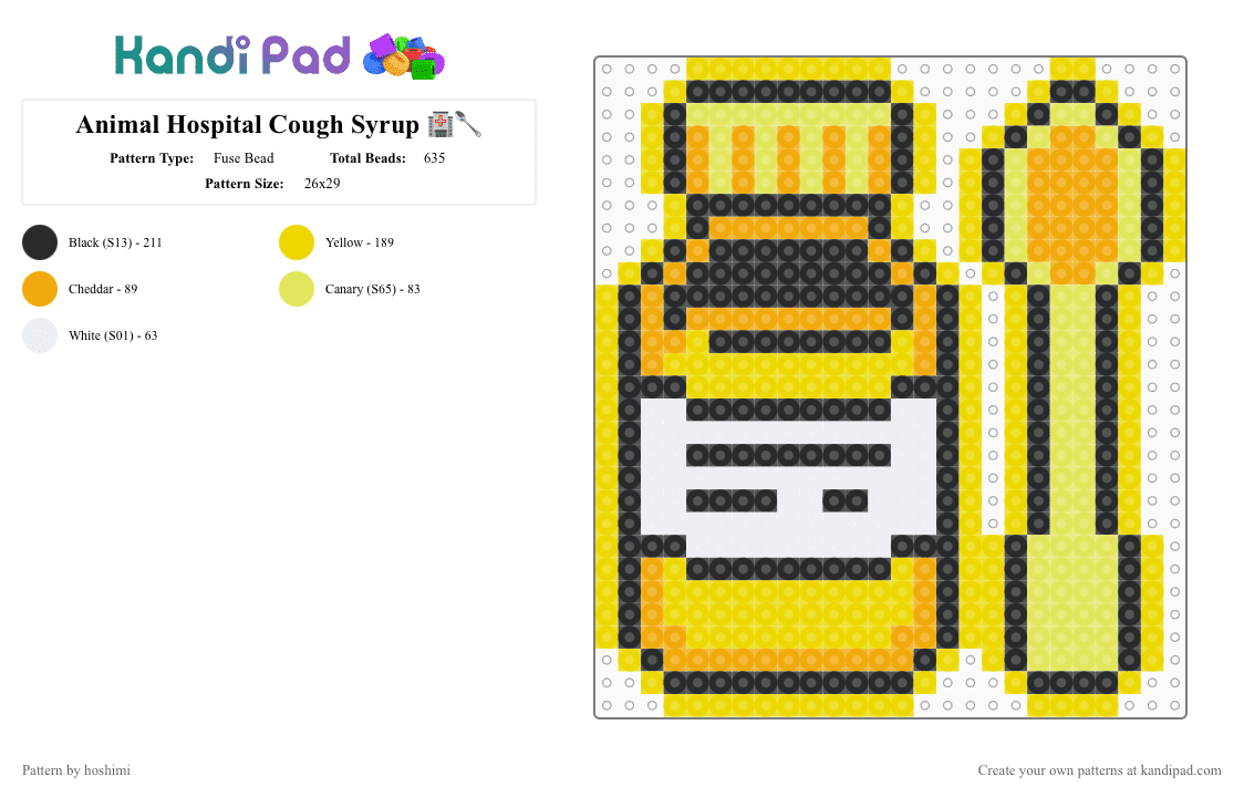 Animal Hospital Cough Syrup 🏥🥄 - Fuse Bead Pattern by hoshimi on Kandi Pad - animal hospital, animal hospital cough syrup, animal hospital game, cough syrup, roblox, yellow
