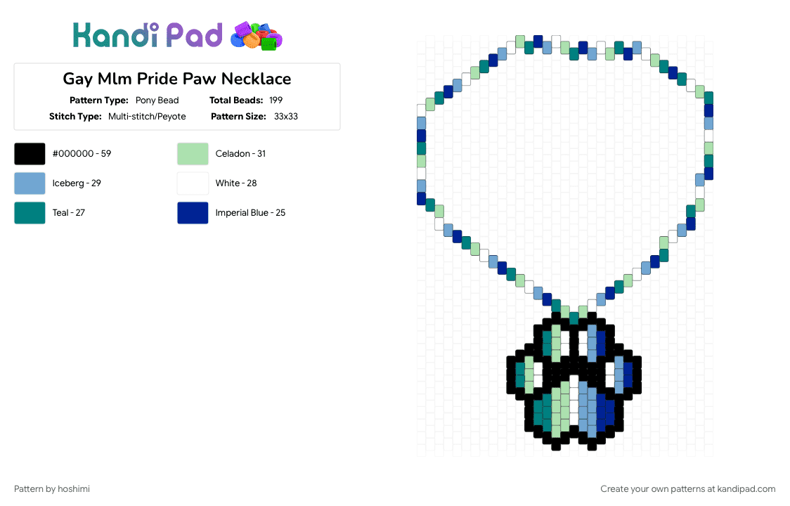 Gay Mlm Pride Paw Necklace - Pony Bead Pattern by hoshimi on Kandi Pad - furry, gay, lgbtq, mlm, necklace, paw, pride, teal, therian