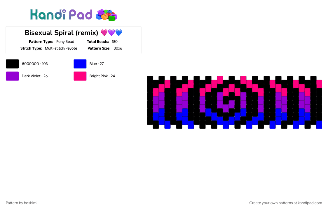 Bisexual Spiral (remix) 🩷💜💙 - Pony Bead Pattern by hoshimi on Kandi Pad - bi, bisexual, gay, lgbtq, pink, pride, purple