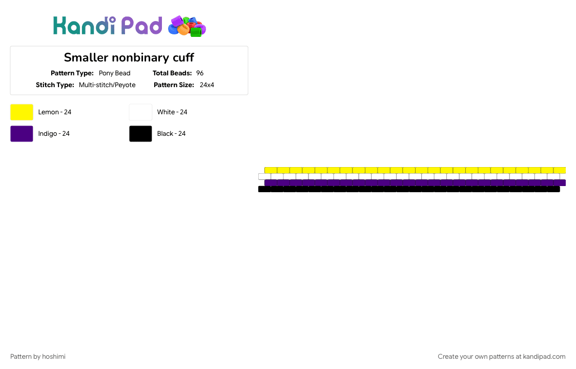 Smaller nonbinary cuff - Pony Bead Pattern by hoshimi on Kandi Pad - purple, yellow