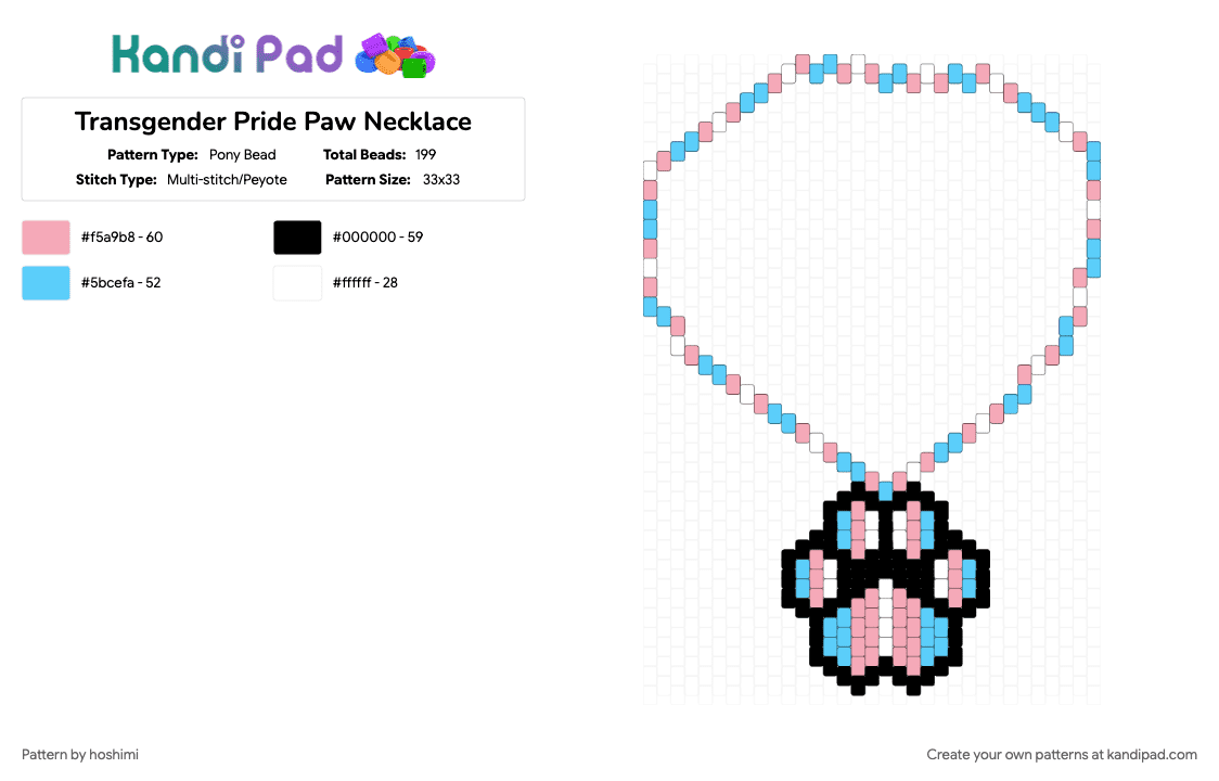 Transgender Pride Paw Necklace - Pony Bead Pattern by hoshimi on Kandi Pad - furry, lgbtq, light blue, necklace, paw, pink, pride, pride flag, trans, transgender