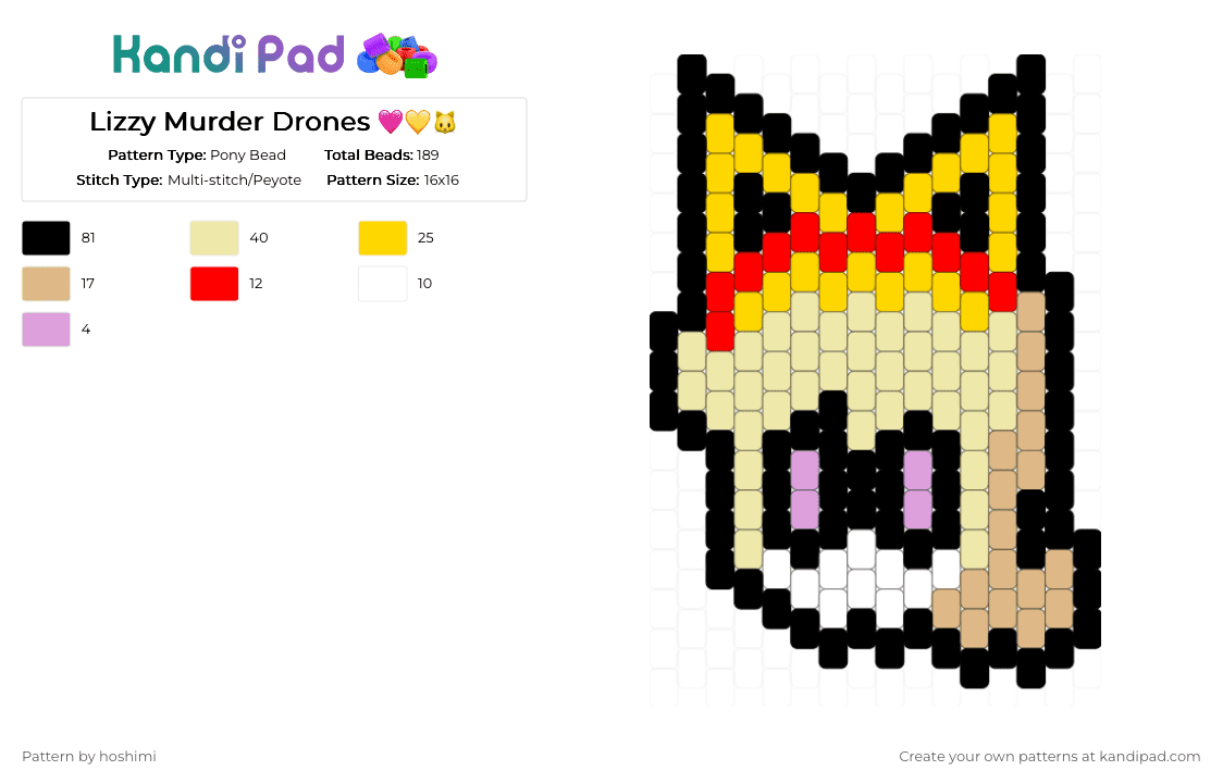 Lizzy Murder Drones 🩷💛🐱 - Pony Bead Pattern by hoshimi on Kandi Pad - lizzy, murder drones, murder drones lizzy, yellow