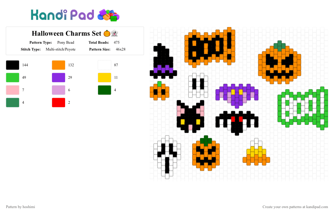 Halloween Charms Set 🎃👻 - Pony Bead Pattern by hoshimi on Kandi Pad - green,orange,halloween,charm,charms,charm set,spooky,bat,pumpkin,ghost