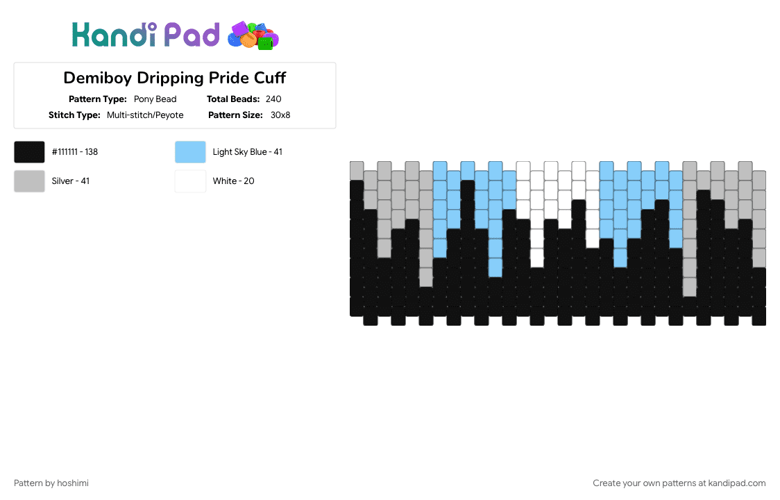 Demiboy Dripping Pride Cuff - Pony Bead Pattern by hoshimi on Kandi Pad - beige, black, demiboy, gay, lgbtq, light blue, pride