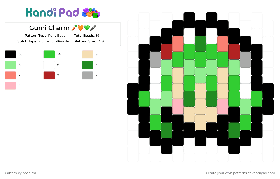 Gumi Charm 🥕🧡💚🎤 - Pony Bead Pattern by hoshimi on Kandi Pad - black,beige,green,teal,gumi,megapoid,vocaloid,miku