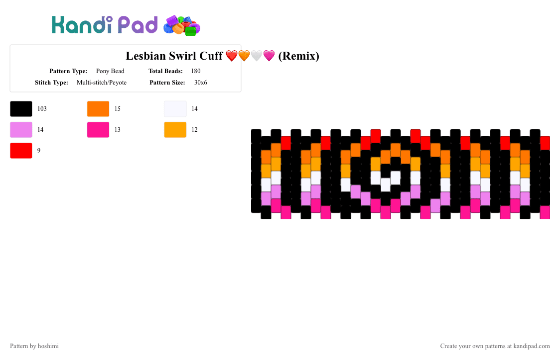 Lesbian Swirl Cuff ❤️🧡🤍🩷 (Remix) - Pony Bead Pattern by hoshimi on Kandi Pad - black,orange,pink,pride,lesbian,swirl,gay,wlw,cuff