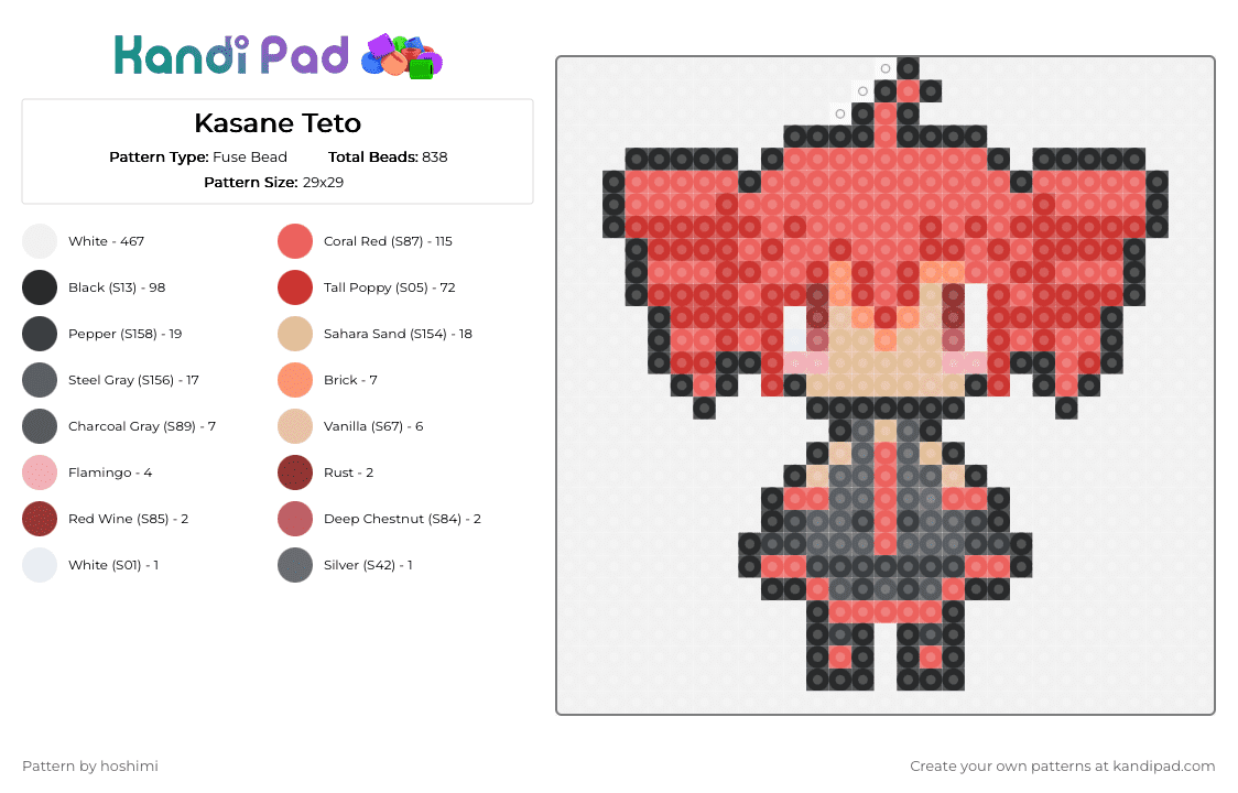 Kasane Teto - Fuse Bead Pattern by hoshimi on Kandi Pad - chimera, hatsune miku, kasane, kasane teto, miku, music, red, teto, vocaloid, white