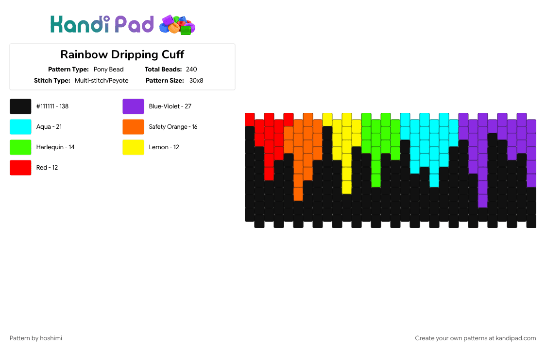 Rainbow Dripping Cuff - Pony Bead Pattern by hoshimi on Kandi Pad - black, drip, light blue, orange, purple, rainbow