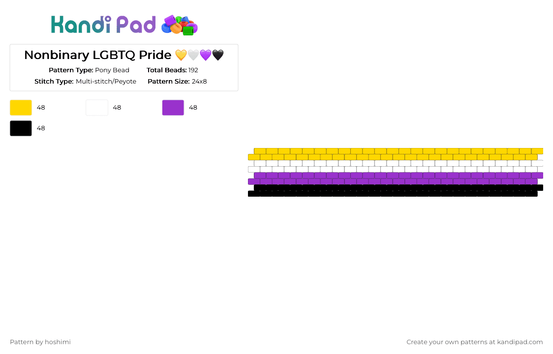 Nonbinary LGBTQ Pride 💛🤍💜🖤 - Pony Bead Pattern by hoshimi on Kandi Pad - gay, lgbtq, nonbinary, pride, purple, they them, yellow