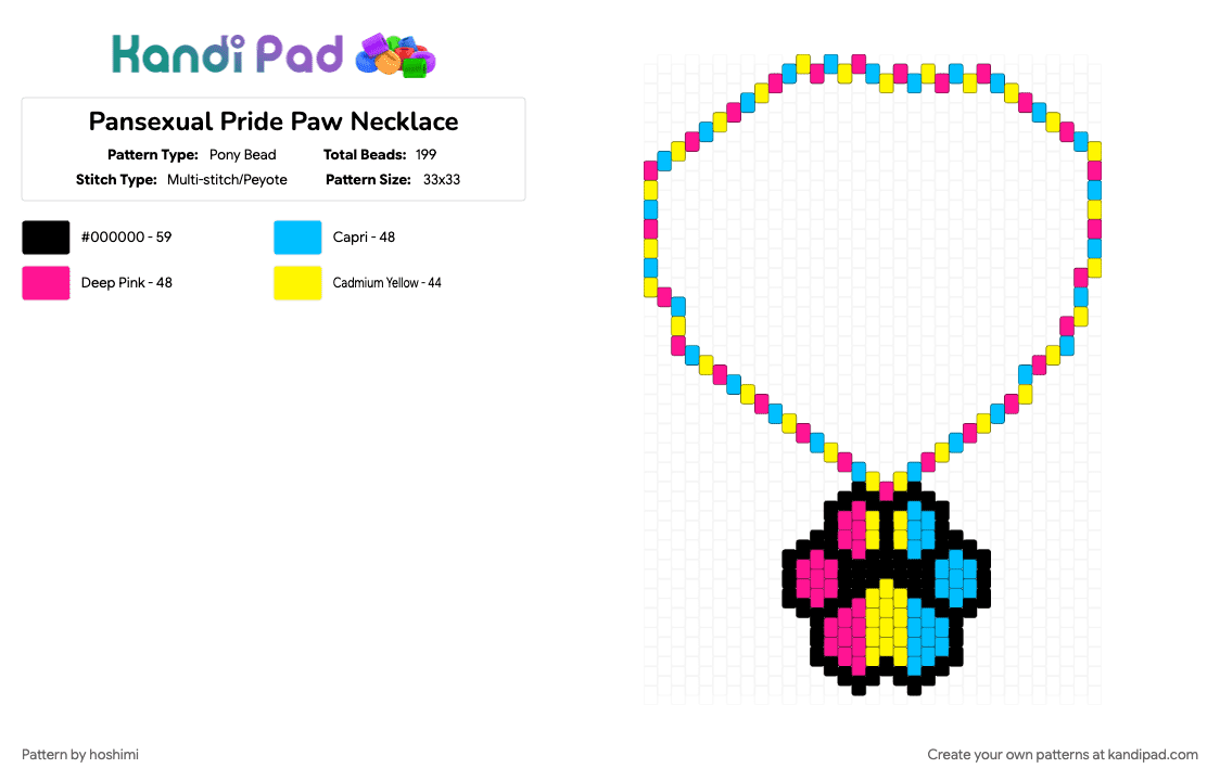 Pansexual Pride Paw Necklace - Pony Bead Pattern by hoshimi on Kandi Pad - furry, gay, lgbtq, light blue, necklace, pan, pansexual, paw, pink, pride