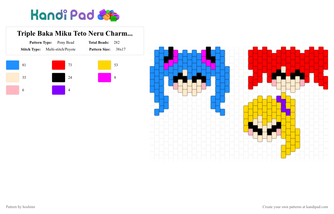 Triple Baka Miku Teto Neru Charms 💙❤️💛 (Hatsune Miku Kasane Teto Akita Neru) - Pony Bead Pattern by hoshimi on Kandi Pad - akita neru, charm, hatsune miku, kasane teto, light blue, miku, neru, red, teto, vocaloid, yellow