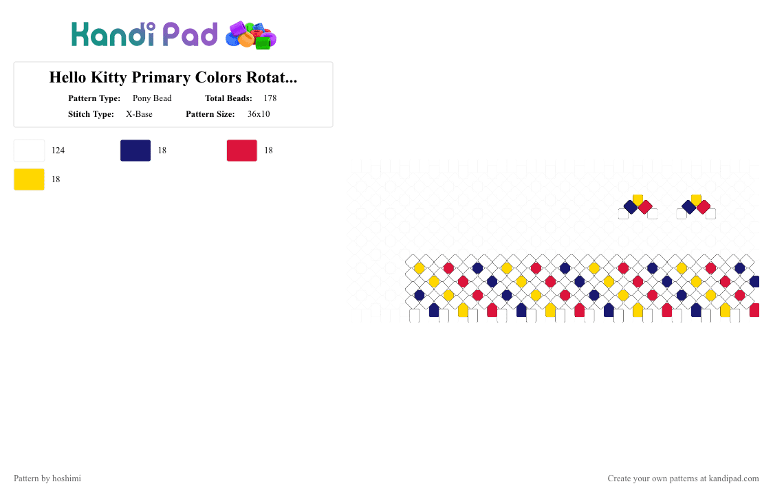 Hello Kitty Primary Colors Rotator ❤️💙💛 - Pony Bead Pattern by hoshimi on Kandi Pad - cute, hello kitty, primary colors, purple, red, rotator, saniro, white, yellow