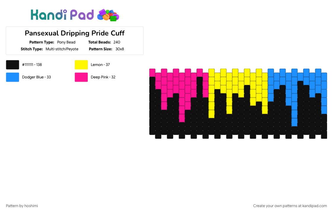 Pansexual Dripping Pride Cuff - Pony Bead Pattern by hoshimi on Kandi Pad - black, gay, lgbtq, light blue, pan, pansexual, pride, yellow