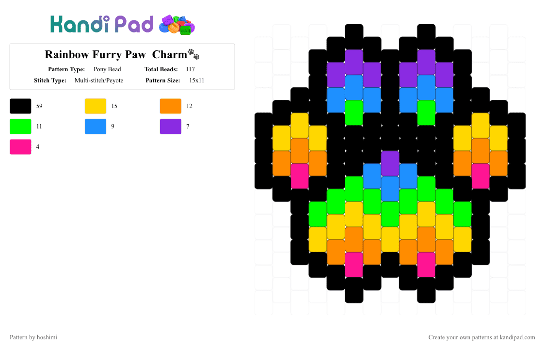 Rainbow Furry Paw  Charm🐾 - Pony Bead Pattern by hoshimi on Kandi Pad - black,green,orange,colorful,cute,charm,paw,rainbow,furry,therian