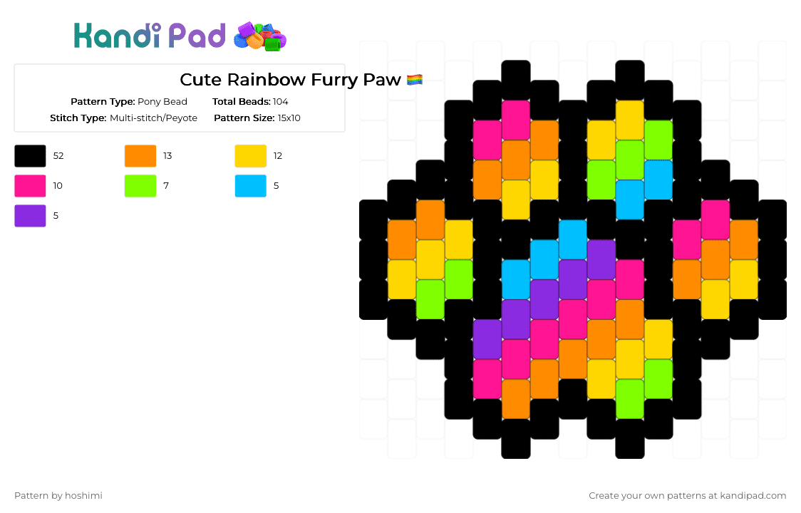 Cute Rainbow Furry Paw 🏳️‍🌈 - Pony Bead Pattern by hoshimi on Kandi Pad - black,orange,yellow,pink,furry,pride,rainbow,gay,therian,paw,cute