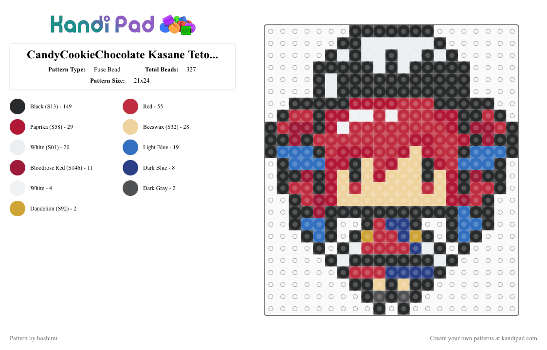 CandyCookieChocolate Kasane Teto (Remix) - Fuse Bead Pattern by hoshimi on Kandi Pad - black, candycookiechocolate, candycookiechocolate teto, kasane teto, kasaneteto, miku, red, teto, utau, vocaloid