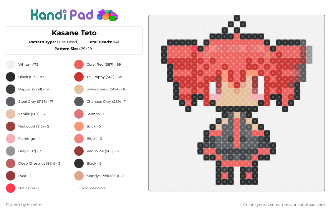 Kasane Teto - Fuse Bead Pattern by hoshimi on Kandi Pad - white,red,teto,vocaloid,kasane teto,kasane,miku,hatsune miku,music,chimera