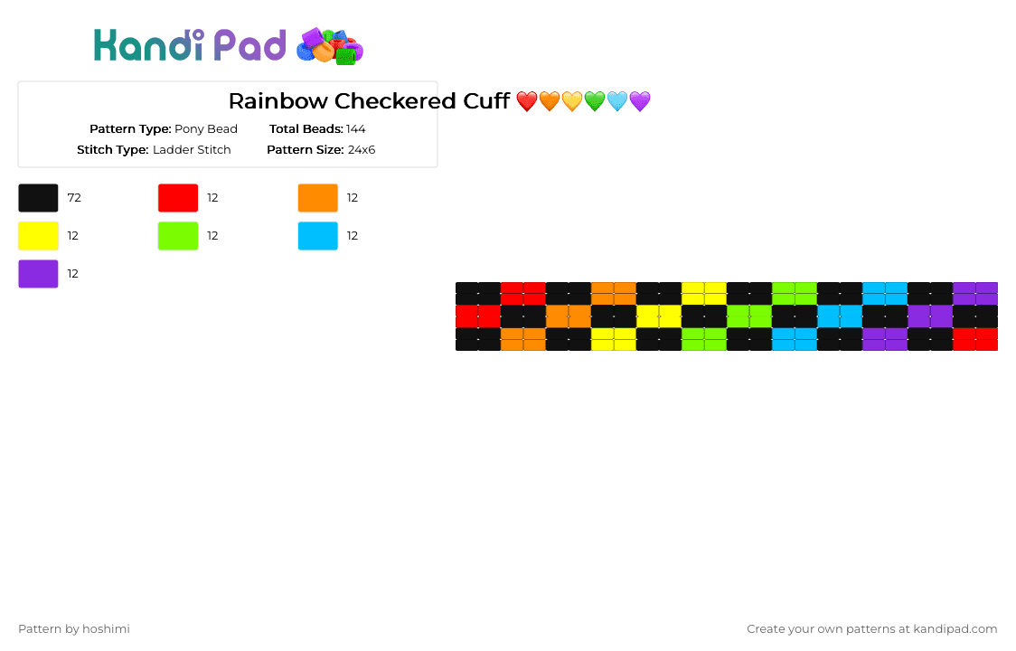 Rainbow Checkered Cuff ❤️🧡💛💚🩵💜 - Pony Bead Pattern by hoshimi on Kandi Pad - black, checker, checkered, colorful, gay, green, lgbtq, orange, pride, purple, rainbow