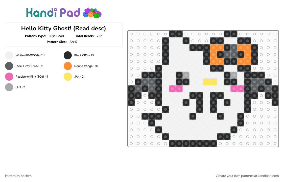 Hello Kitty Ghost! (Read desc) - Fuse Bead Pattern by hoshimi on Kandi Pad - cute, ghost, gray, halloween, hello kitty, orange, saniro, spooky, white