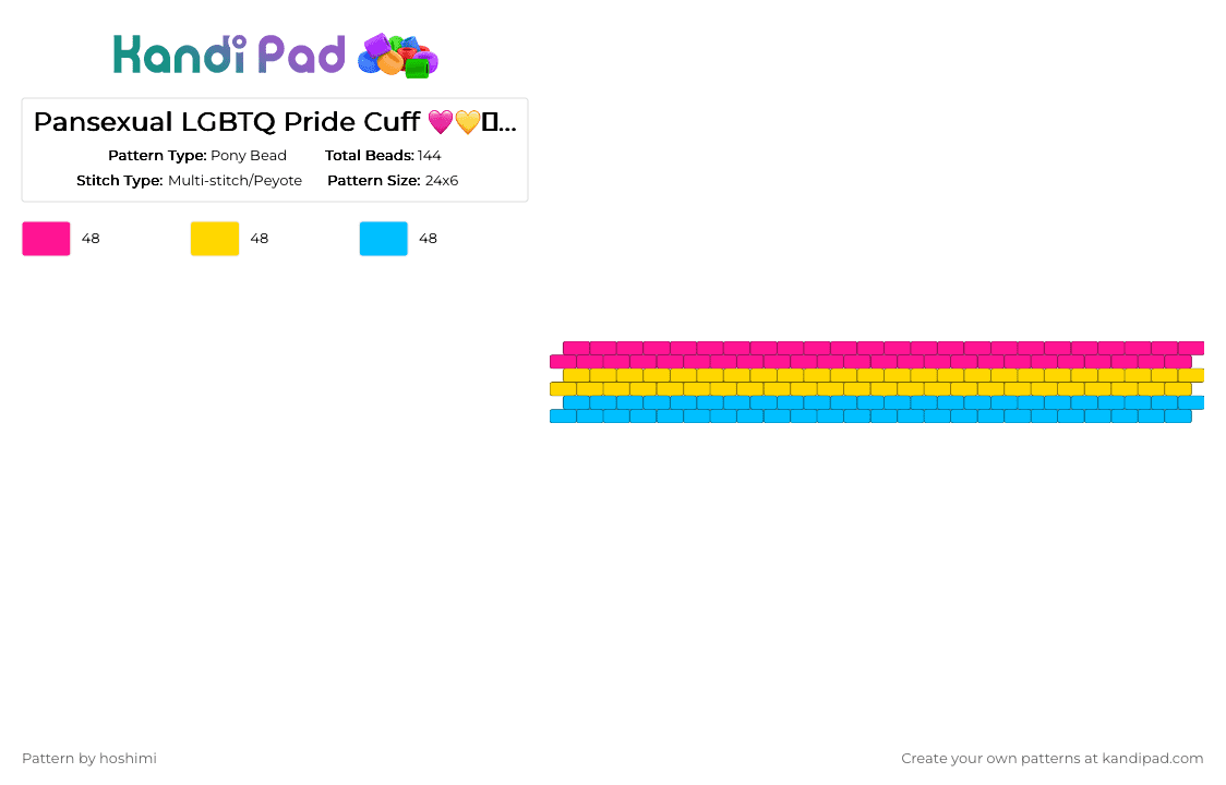 Pansexual LGBTQ Pride Cuff 🩷💛🩵 🍳 - Pony Bead Pattern by hoshimi on Kandi Pad - gay, lgbtq, light blue, pan, pansexual, pink, pride, yellow