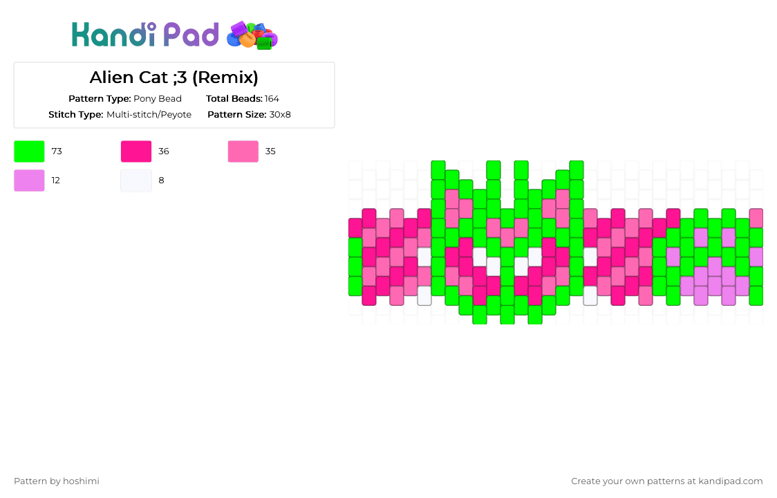 Alien Cat ;3 (Remix) - Pony Bead Pattern by hoshimi on Kandi Pad - green,pink,alien,cat,kitty,cute,alien cat