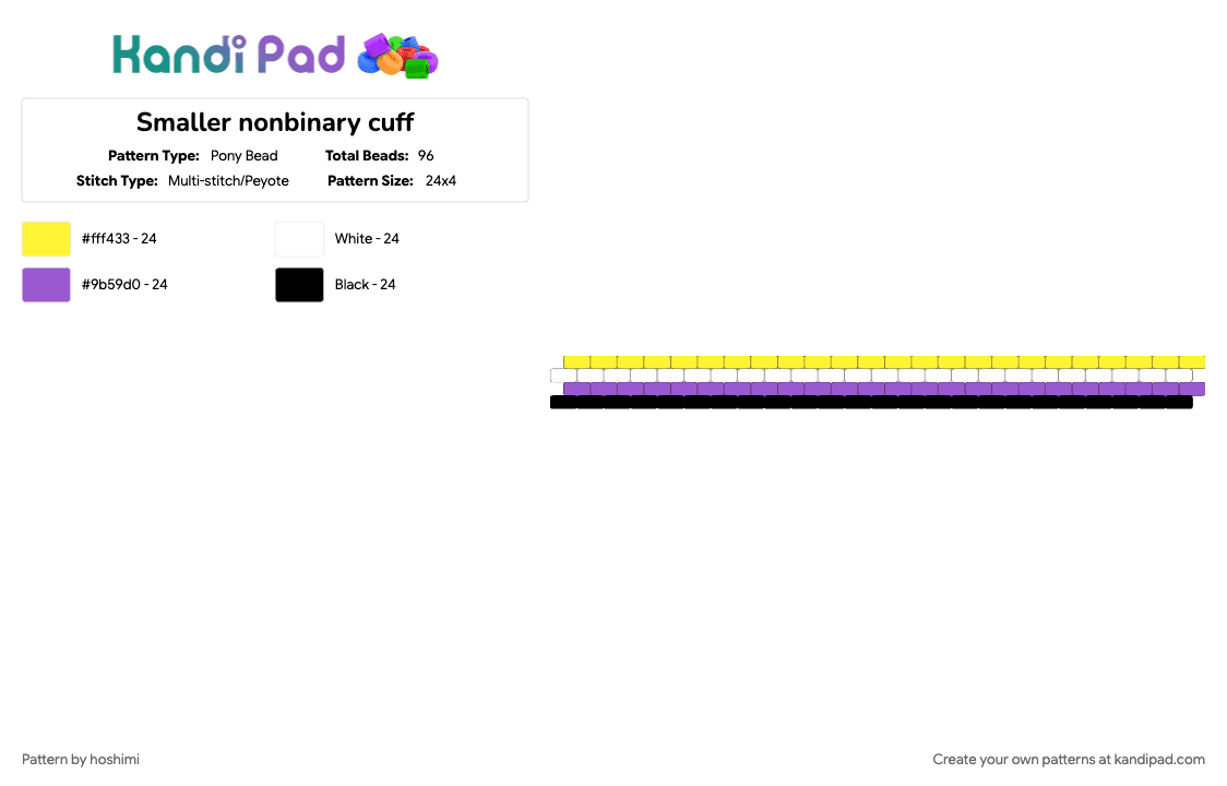 Smaller nonbinary cuff - Pony Bead Pattern by hoshimi on Kandi Pad - purple, yellow