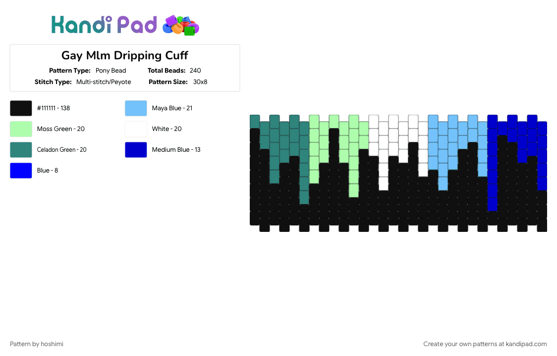Gay Mlm Dripping Cuff - Pony Bead Pattern by hoshimi on Kandi Pad - black, gay, lgbtq, mlm, pride, queer, teal