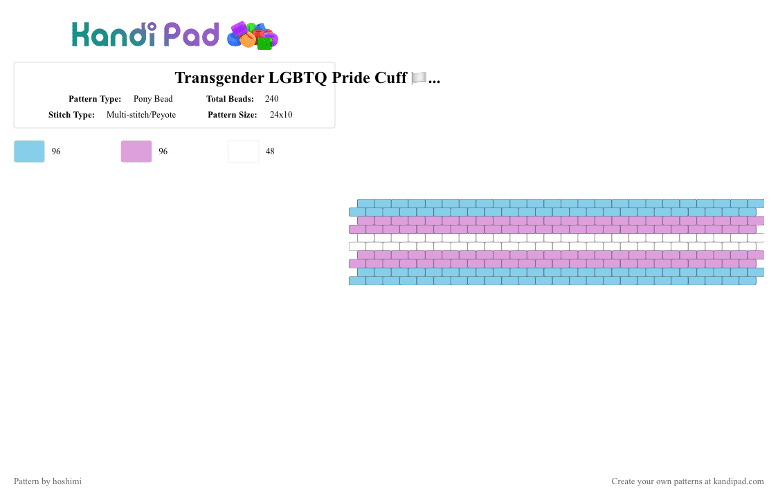 Transgender LGBTQ Pride Cuff 🏳️‍⚧️⚧️ - Pony Bead Pattern by hoshimi on Kandi Pad - gay, lgbtq, light blue, pink, pride, trans, transgender