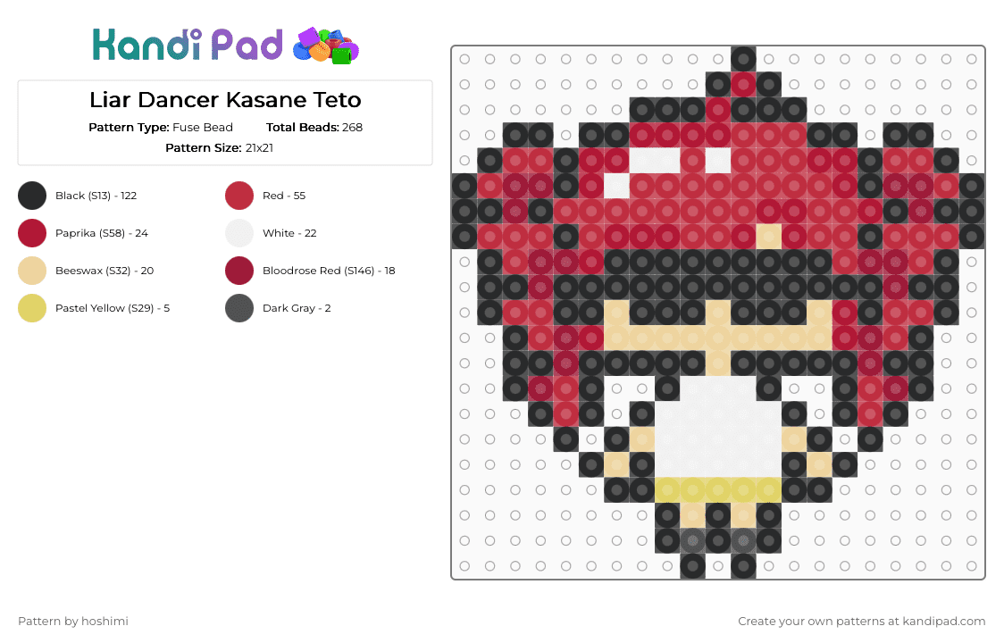 Liar Dancer Kasane Teto - Fuse Bead Pattern by hoshimi on Kandi Pad - kasane teto, kasaneteto, liar dancer, liar dancer teto, miku, red, teto, utau, vocaloid