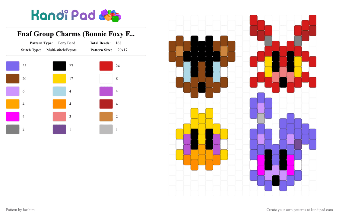 Fnaf Group Charms (Bonnie Foxy Freddy Chica Five Nights At Freddy’s) - Pony Bead Pattern by hoshimi on Kandi Pad - red,yellow,pink,blue,fnaf,foxy,bonnie,chica,freddy,five nights at freddys