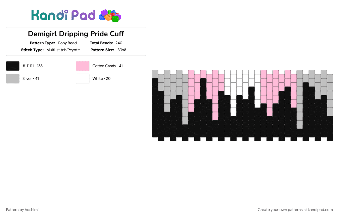 Demigirl Dripping Pride Cuff - Pony Bead Pattern by hoshimi on Kandi Pad - beige, black, demigirl, gay, lgbtq, pink, pride