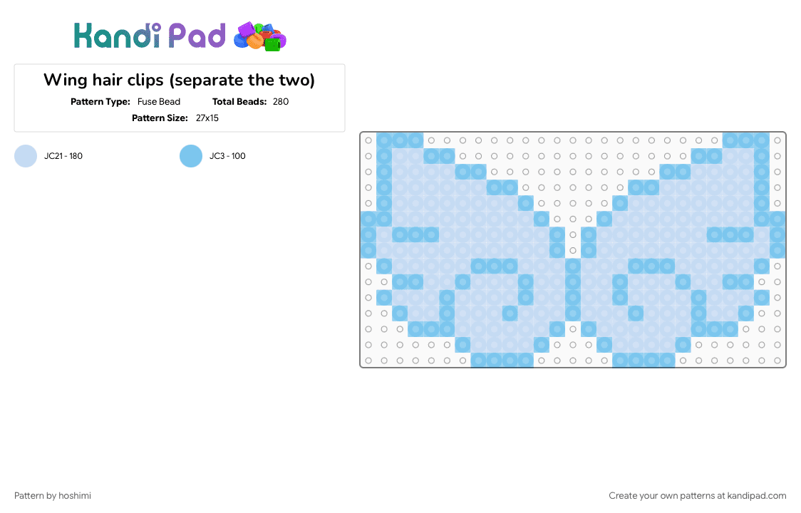 Wing hair clips (separate the two) - Fuse Bead Pattern by hoshimi on Kandi Pad - cute, cutecore, hairclip, light blue, white, wing