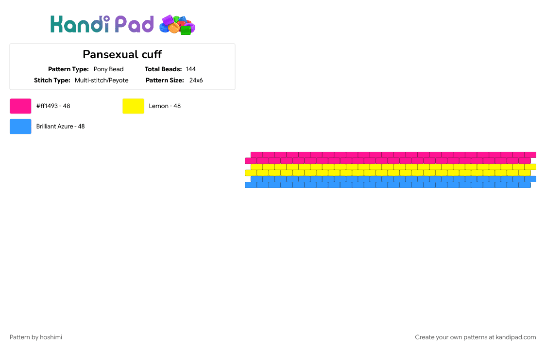 Pansexual cuff - Pony Bead Pattern by hoshimi on Kandi Pad - light blue, pink, yellow