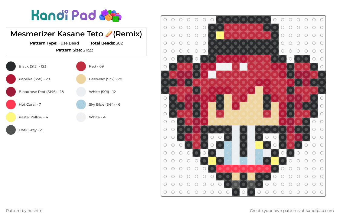 Mesmerizer Kasane Teto 🥖(Remix) - Fuse Bead Pattern by hoshimi on Kandi Pad - kasane, kasaneteto, mesmerizer, miku, red, teto, utau, utauloid, vocaloid