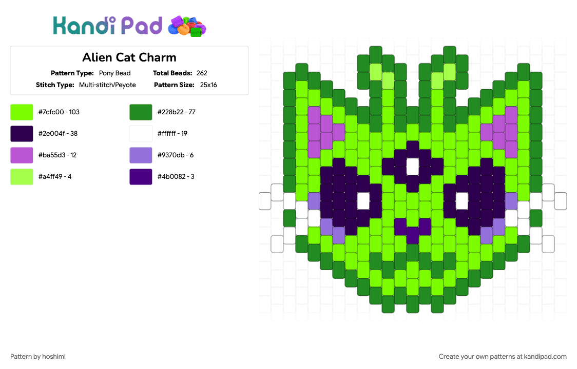 Alien Cat Charm - Pony Bead Pattern by hoshimi on Kandi Pad - alien, cat, charm, cute, green, kitty