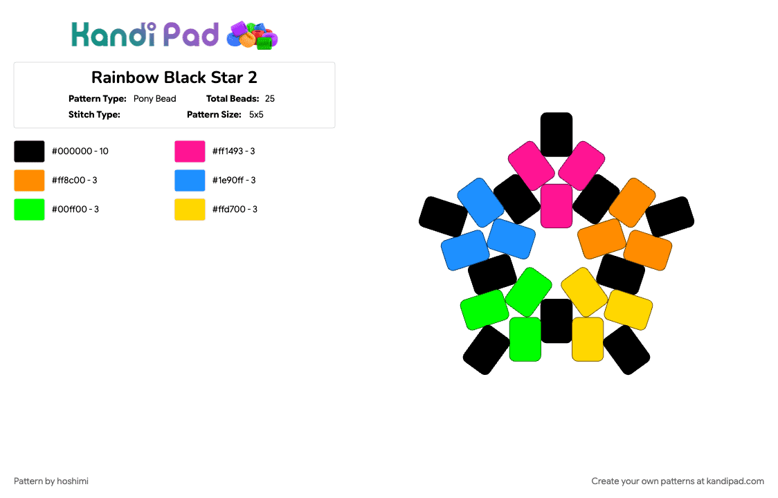 Rainbow Black Star 2 - Pony Bead Pattern by hoshimi on Kandi Pad - colorful, green, orange, rainbow, star