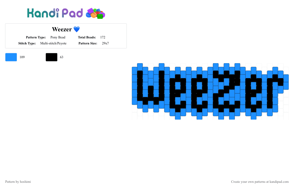Weezer 💙 - Pony Bead Pattern by hoshimi on Kandi Pad - light blue,black,weezer,blue,word,music,weezer blue album