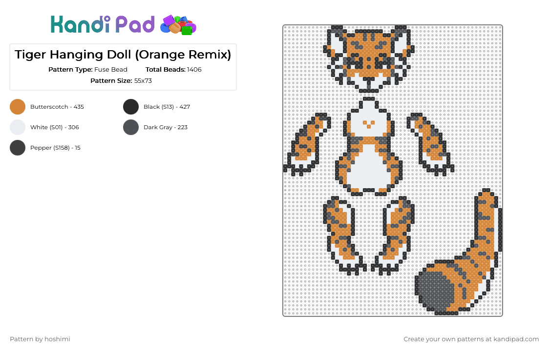Tiger Hanging Doll (Orange Remix) - Fuse Bead Pattern by hoshimi on Kandi Pad - dangler, furry, gray, hanging doll, orange, perler, therian, tiger