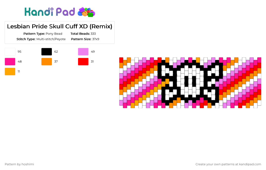 Lesbian Pride Skull Cuff XD (Remix) - Pony Bead Pattern by hoshimi on Kandi Pad - pink,lesbian,wlw,pride,gay,lgbtq,skull