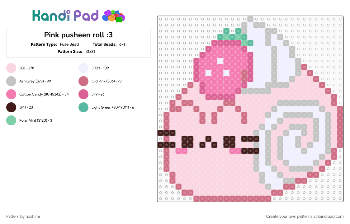 Pink pusheen roll :3 - Fuse Bead Pattern by hoshimi on Kandi Pad - beige, cute, cutecore, cutecore kawaiicore, pink, pusheen, white