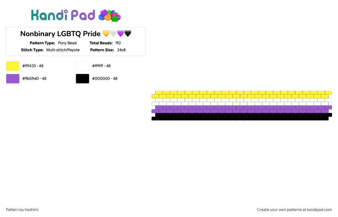 Nonbinary LGBTQ Pride 💛🤍💜🖤 - Pony Bead Pattern by hoshimi on Kandi Pad - gay, lgbtq, nonbinary, pride, purple, they them, yellow