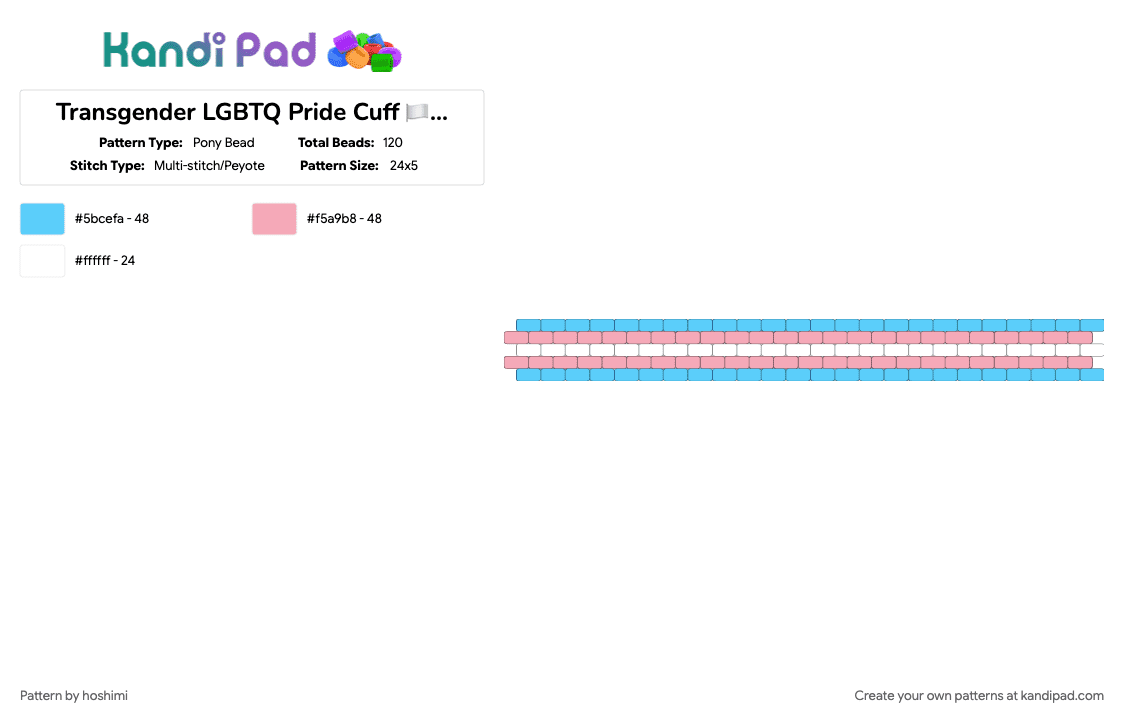 Transgender LGBTQ Pride Cuff 🏳️‍⚧️⚧️ - Pony Bead Pattern by hoshimi on Kandi Pad - gay, lgbtq, light blue, pink, pride, trans, transgender