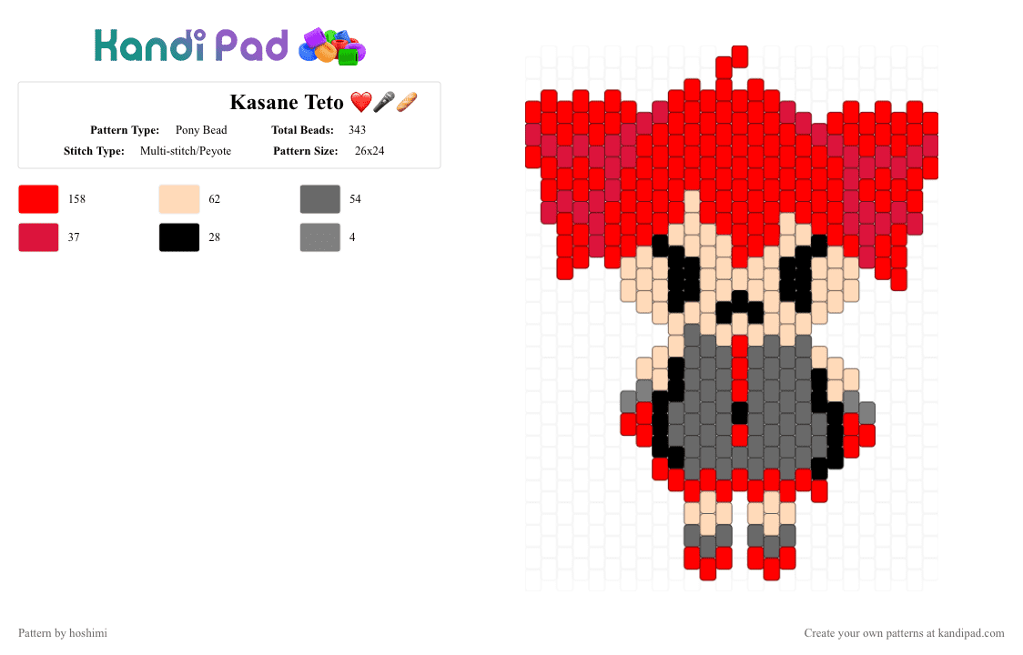Kasane Teto ❤️🎤🥖 - Pony Bead Pattern by hoshimi on Kandi Pad - cute, kasane teto, miku, red, teto, utau, vocaloid