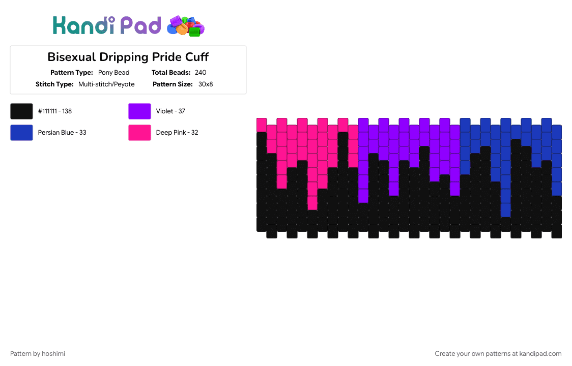 Bisexual Dripping Pride Cuff - Pony Bead Pattern by hoshimi on Kandi Pad - bi, bisexual, gay, lgbtq, pink, pride, purple