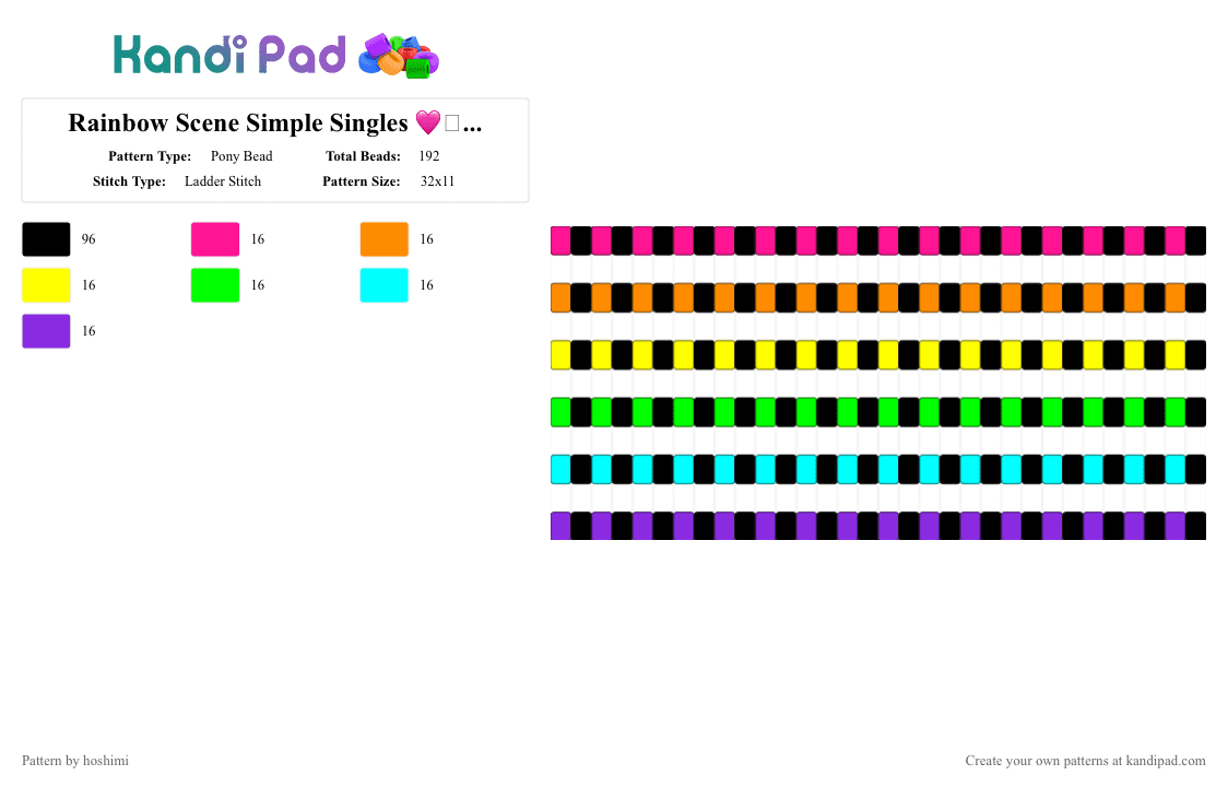 Rainbow Scene Simple Singles 🩷🧡💛💚🩵 - Pony Bead Pattern by hoshimi on Kandi Pad - black, colorful, easy, green, orange, purple, rainbow, scene, simple, single, single set, singles